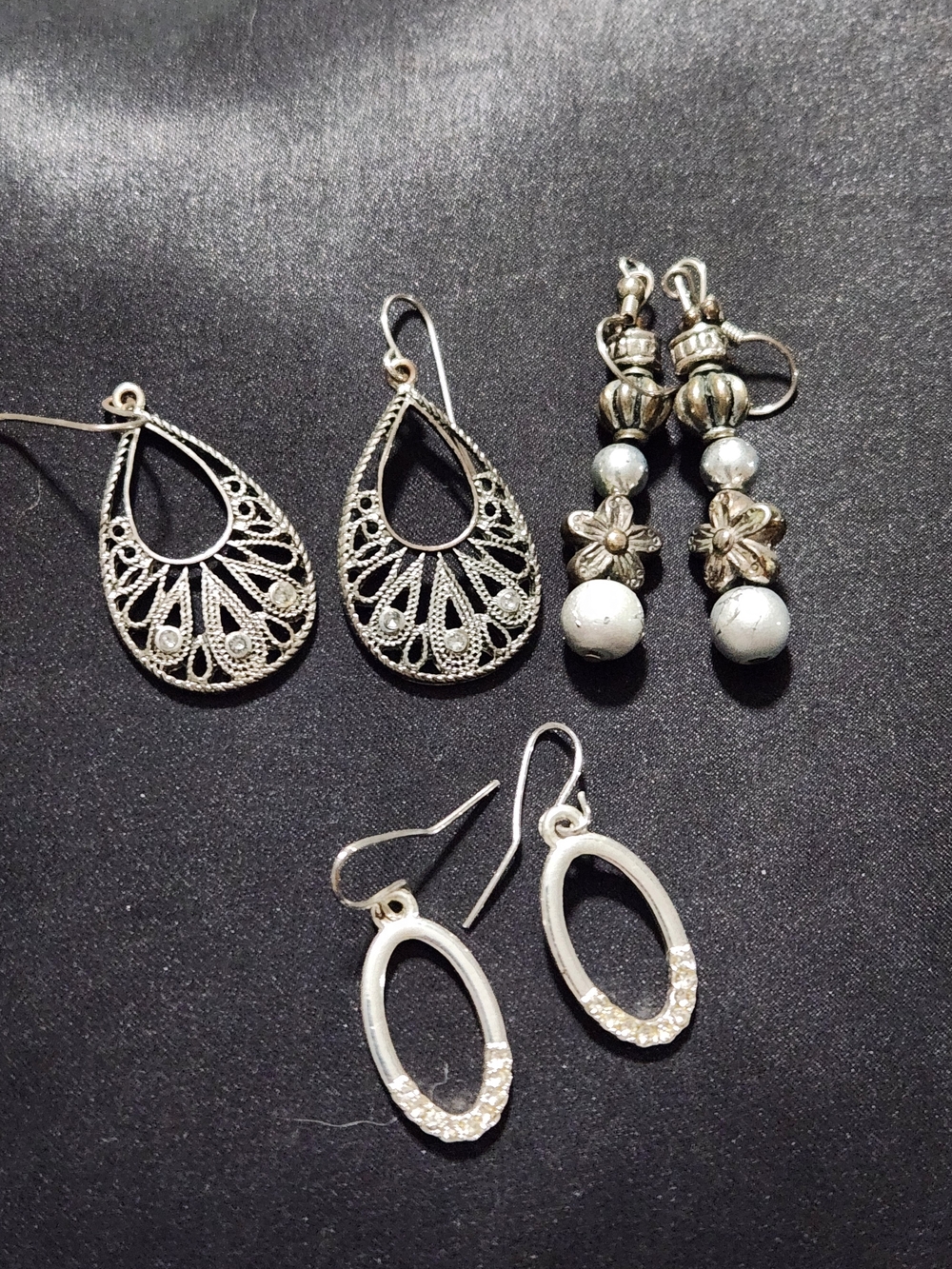 Silver Tone Women's Earring Trio - Filigree, Floral Drop & Oval Hoop Styles